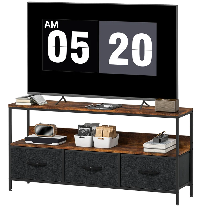 Meuble télé bas salon 120 x 29 x 56 cm trois tiroirs et étagère rangement pratique style industriel en MDF brun rustique 21_0003024