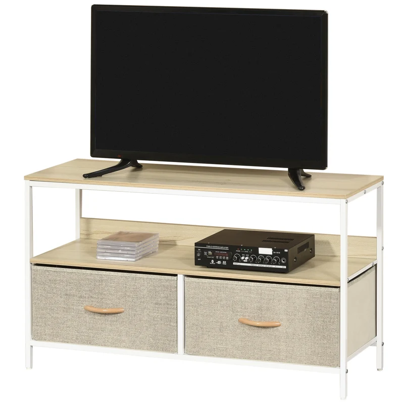 Meuble tv bas sur pieds salon 98 x 29 x 56 cm rangement 2 tiroirs étagère style industriel pratique en MDF bois naturel 21_0003022