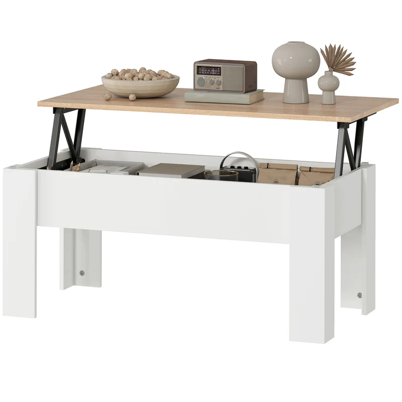 Table basse relevable salon 100 x 50 x 45 cm rangement caché transformable moderne épuré en panneau de particules blanc 21_0003032