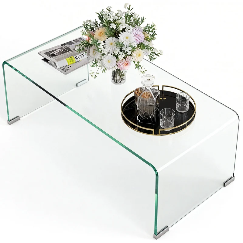 Table basse rectangulaire salon 80 x 45 x 35 cm patins antidérapants entretien aisé design en verre trempé transparent 21_0003185
