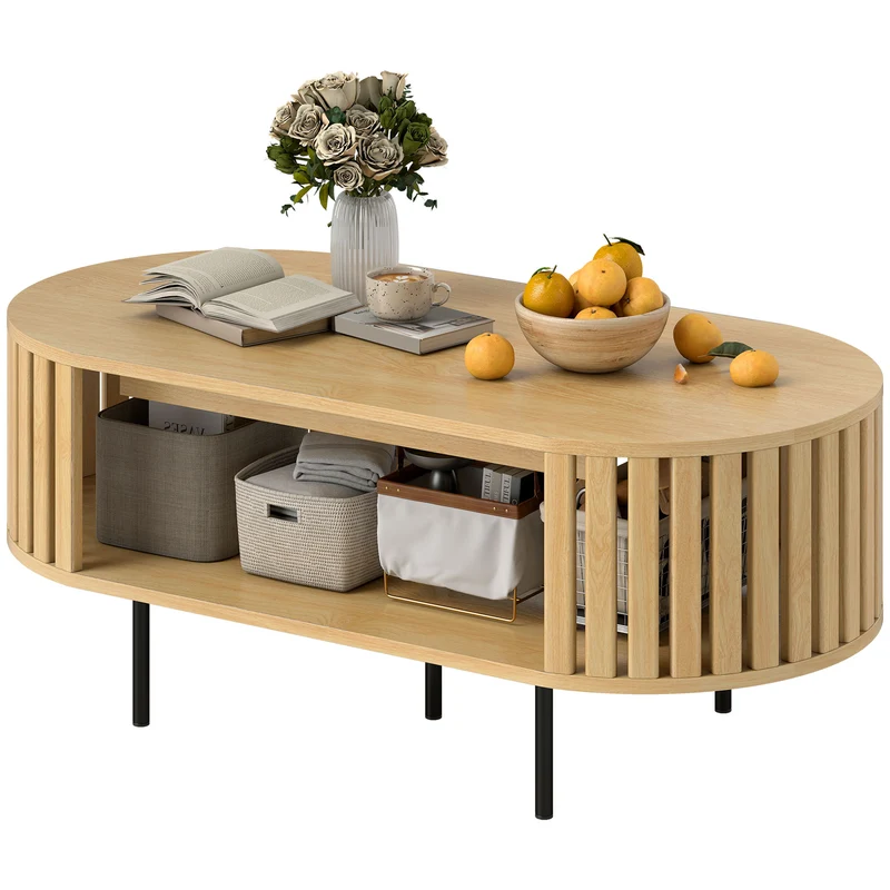 Table basse ovale 100 x 50 x 40 cm rangement stable gain de place design à lattes scandinave en MDF effet bois naturel 21_0003566
