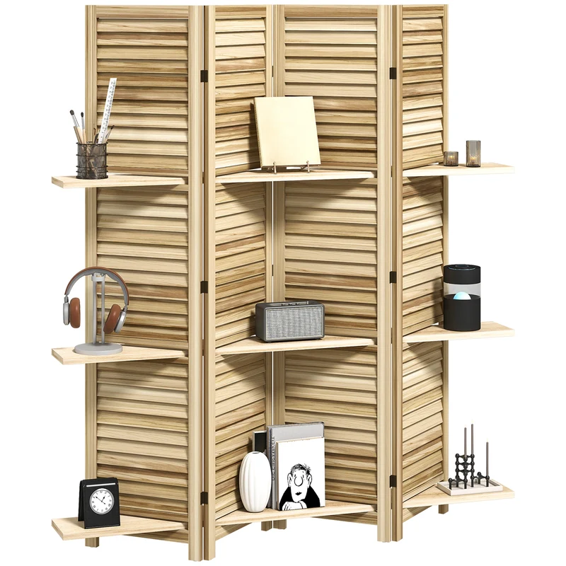 Paravent intérieur 4 panneaux séparateur 160 x 1,9 x 170 cm avec portes persiennes 3 étagères design en bois naturel 21_0001225