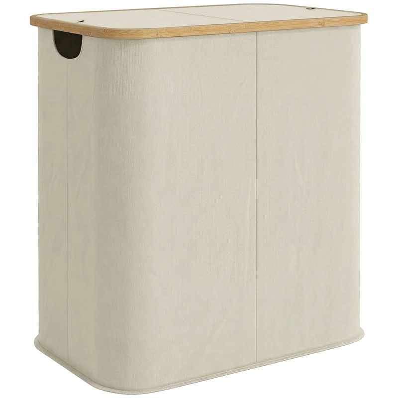 Panier à linge double pliable tri 80 L 54 x 34 x 58.5 cm couvercle pliant poignées gain de place épuré en bambou beige 21_0005866