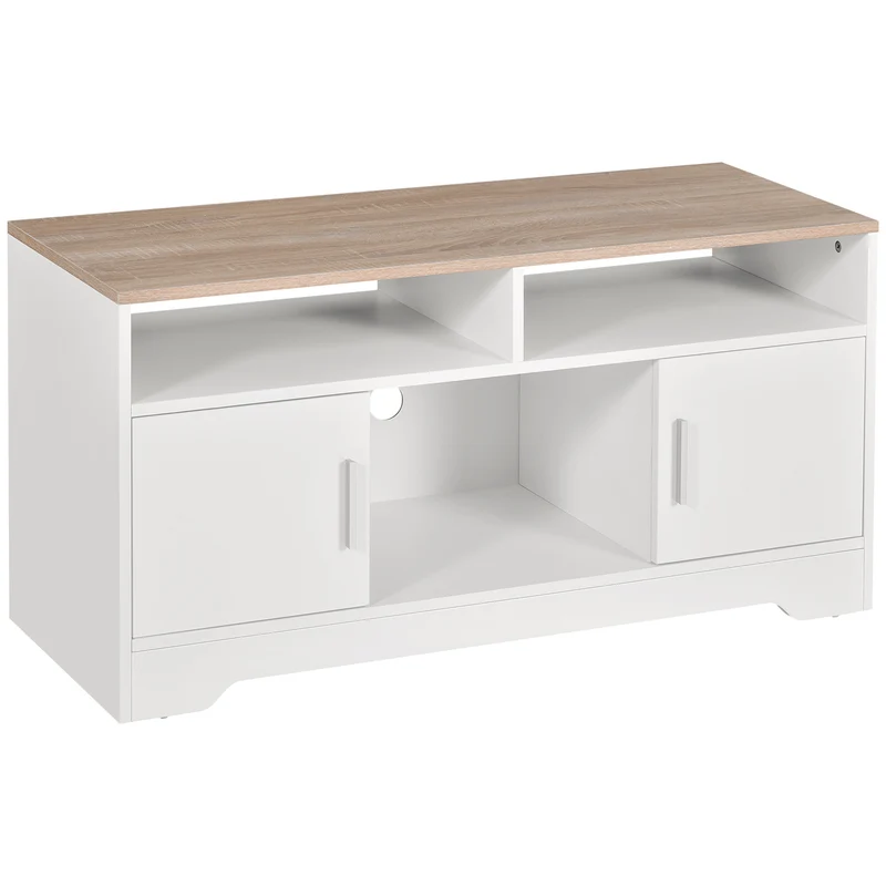 Meuble télévision 105 x 40 x 52 cm grand rangement portes et compartiments style moderne en panneau de particules blanc 21_0001787