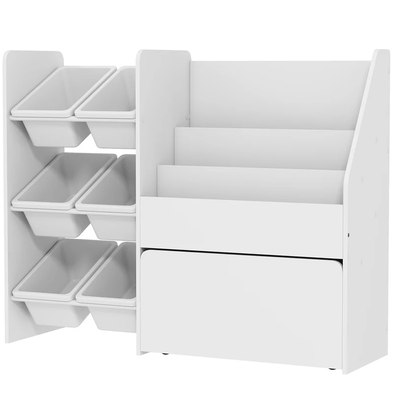 Meuble rangement enfant 100 x 30 x 80 cm 6 bacs et coffre roulant éducatif scandinave compact coins arrondis en MDF blanc 21_0000176