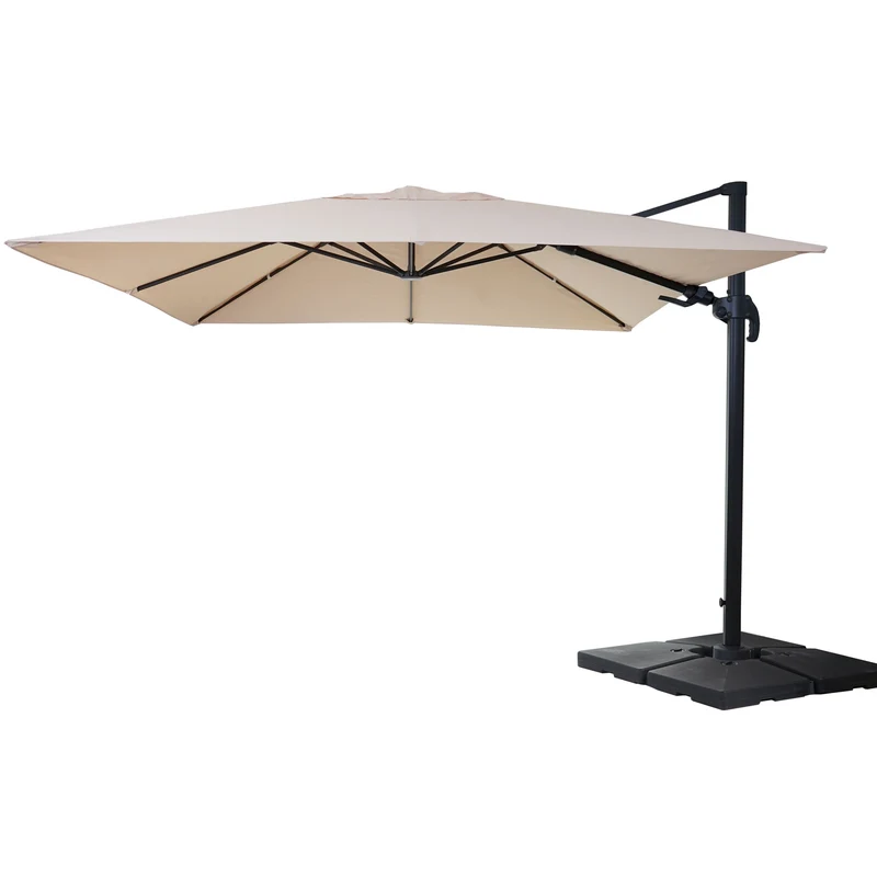 Parasol déporté orientable et inclinable 3 x 4 m Ø env. 5 m aluminium et polyester crème avec pied 04_0007950