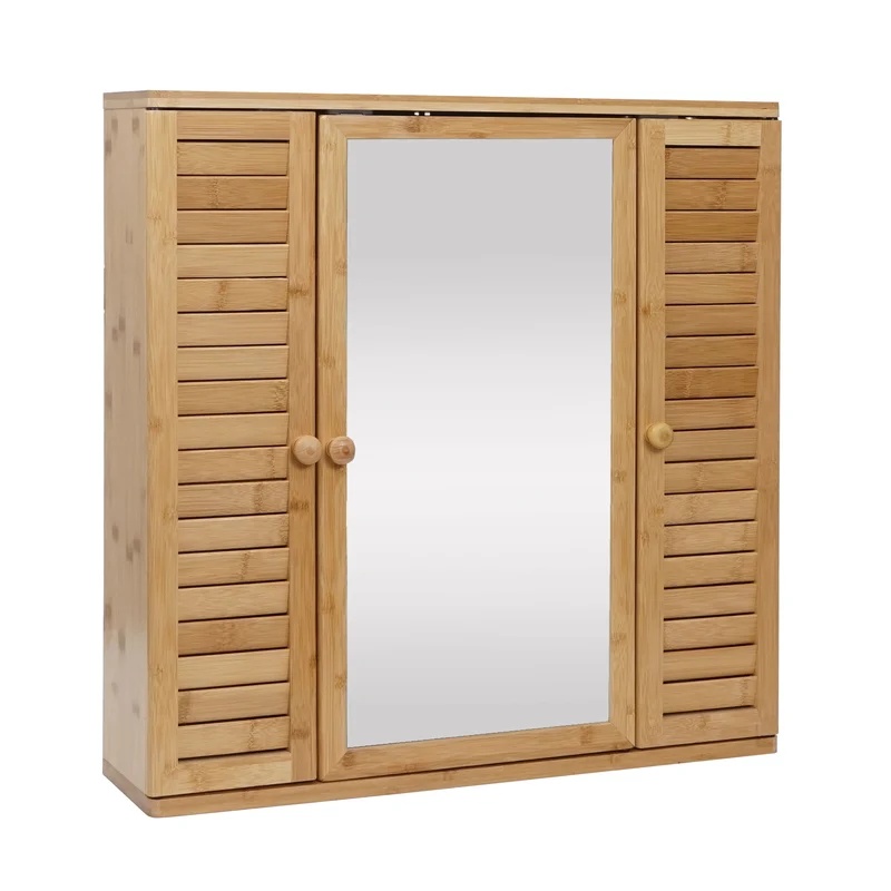 Armoire meuble mural de salle de bain avec miroir 3 étagères 3 portes en bambou 60x60x15 cm 04_0005765