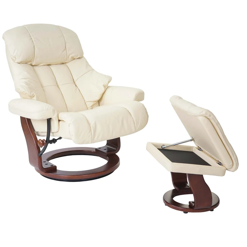 Fauteuil de relaxation TV repose-pieds avec compartiment rangement en cuir véritable crème 04_0003663