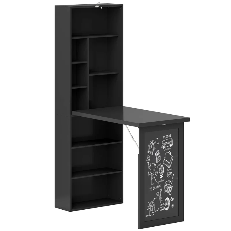 Bureau pliable avec rangements et tableau noir gain de place convertible 98 x 51 x 153 cm pratique moderne en MDF noir 21_0002449