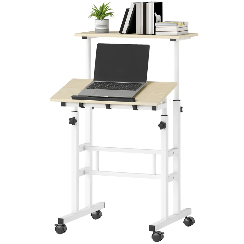 Bureau assis debout réglable hauteur 60 x 60 x 70,5-120 cm inclinable à roulettes double plateau moderne en MDF naturel 21_0002557