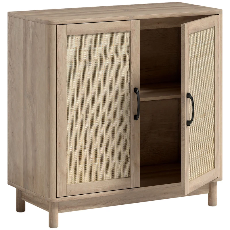 Buffet arrondi rangement 76 x 35 x 75,5 cm étagère réglable portes rotin bords arrondis rustique salon en rotin chêne 21_0003551