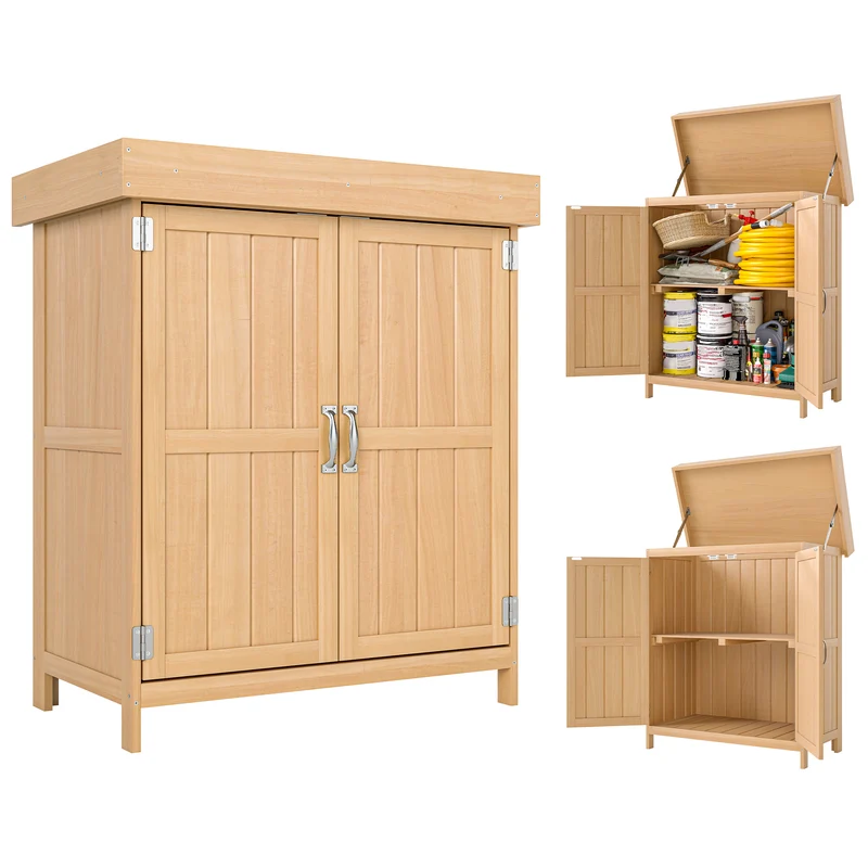 Armoire de jardin sur pied double porte 74 x 43 x 88 cm rangement optimisé toit relevable étanche rustique en bois beige 21_0004091