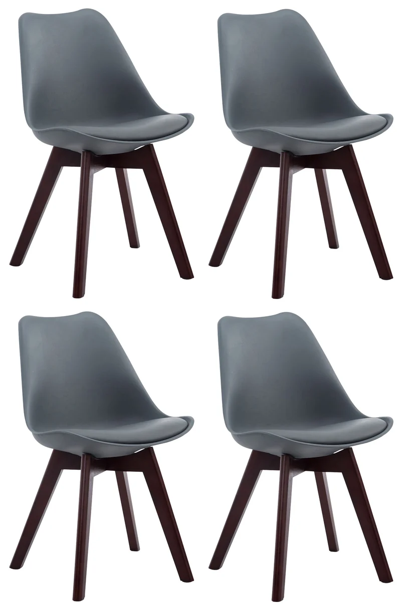 Lot de 4 chaises de salle à manger design scandinave en plastique et PVC gris et piètement à 4 pieds en bois foncé 10_0008559