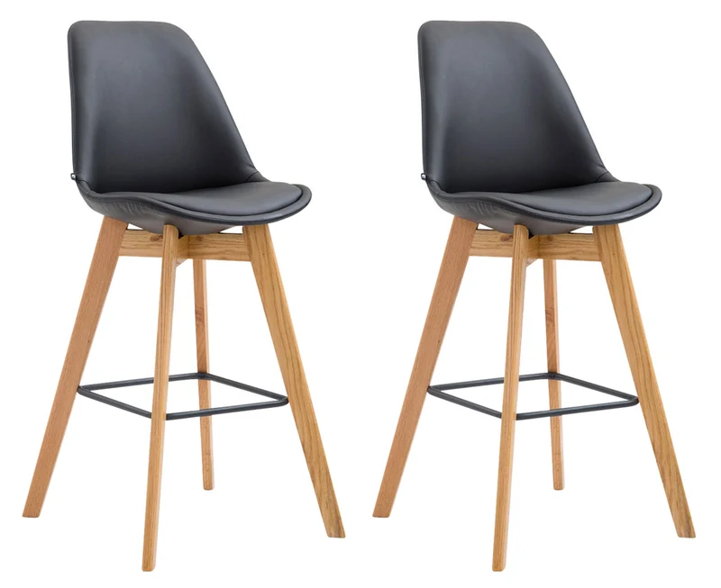 Lot de 2 tabourets de bar style scandinave avec dossier en similicuir noir et structure en bois naturel 10_0006632