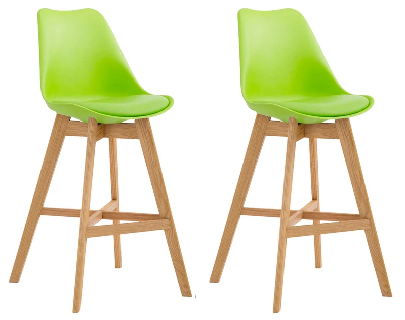 Lot de 2 tabourets de bar scandinaves coque plastique et PVC verte et pieds en bois massif 10_0006448