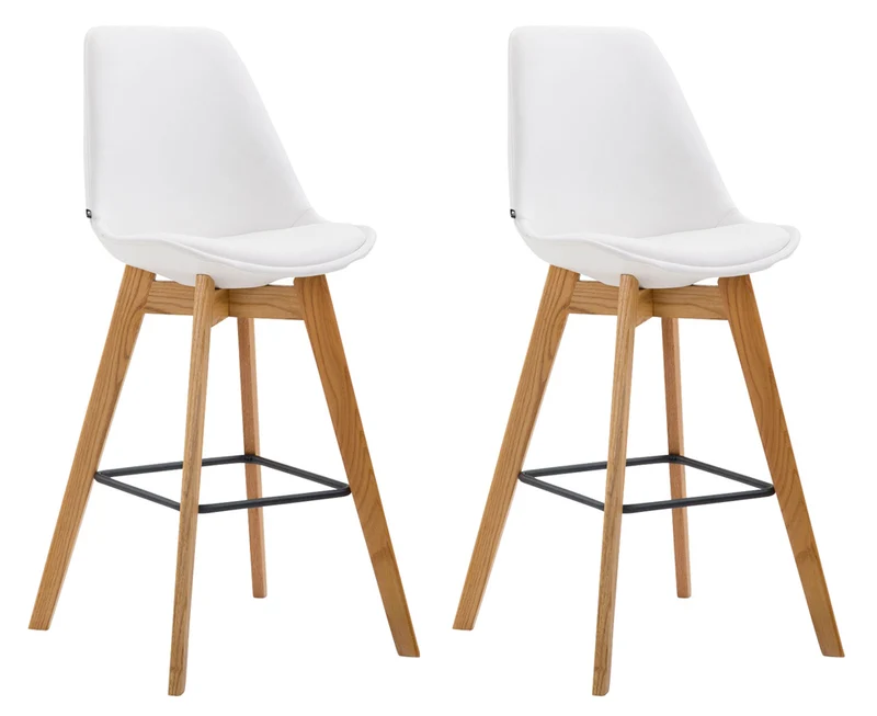 Lot de 2 tabourets de bar style scandinave avec dossier en similicuir blanc et structure en bois naturel 10_0005575