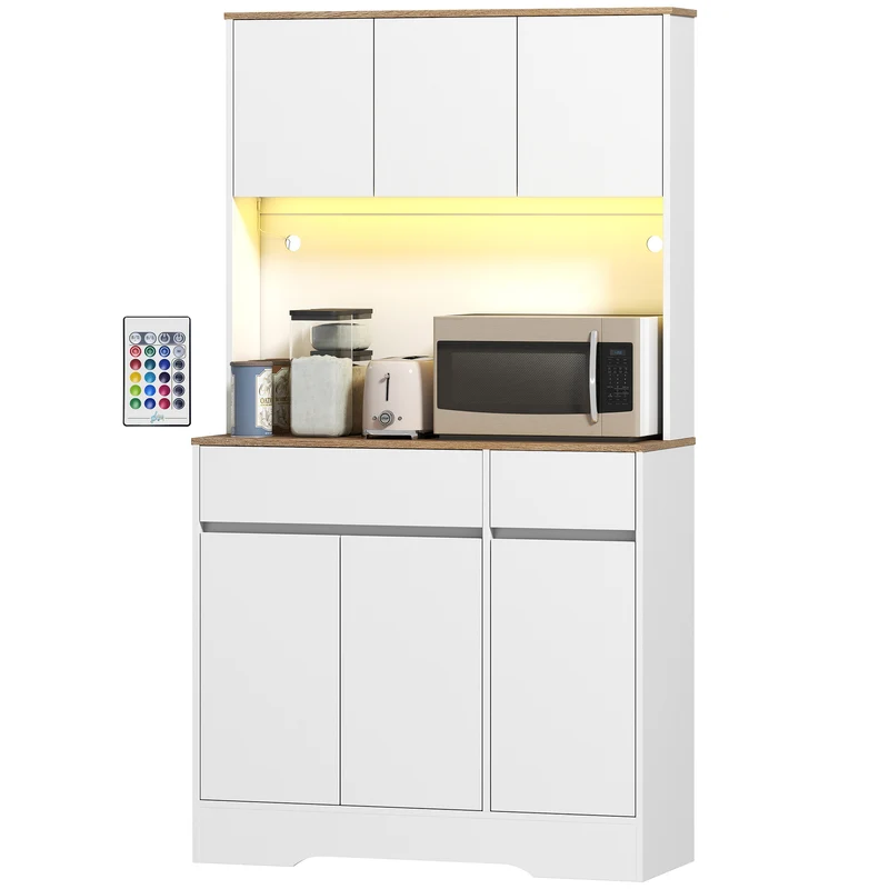 Buffet de cuisine haut avec bande led rvb plan de travail 100 x 38 x 180 cm gain de place pratique moderne en MDF blanc 21_0003296