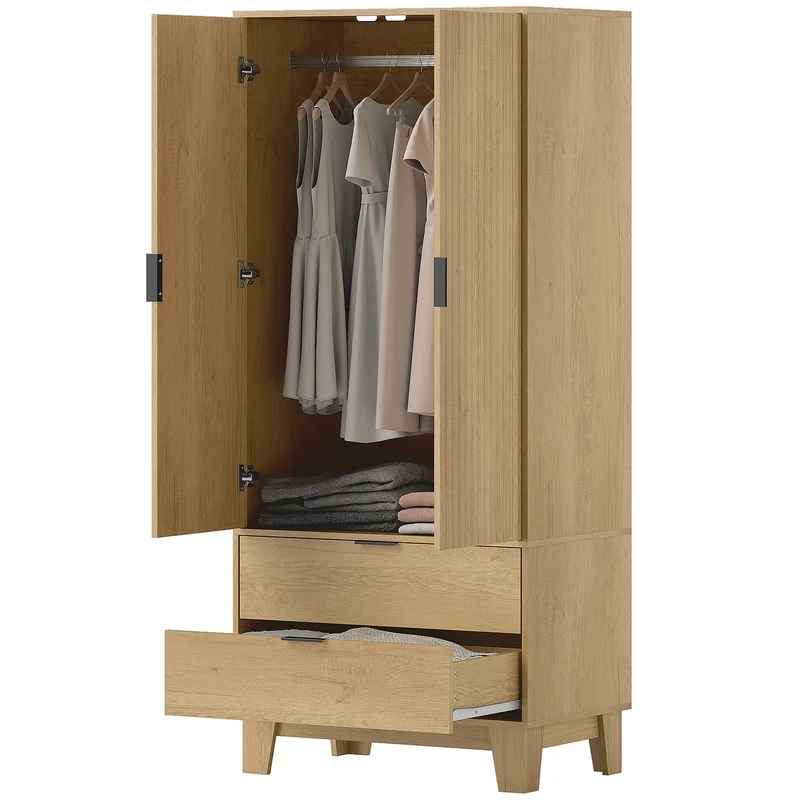 Armoire penderie chambre 80 x 50 x 180 cm fermeture douce grand rangement moderne en panneau de particules bois naturel 21_0003753