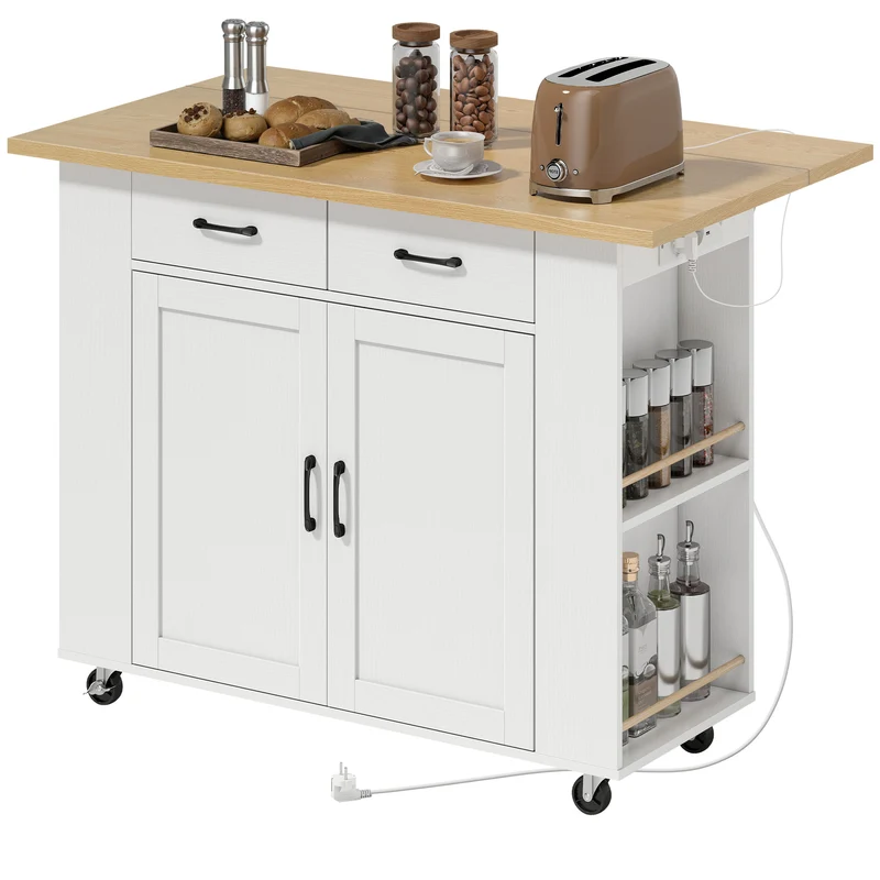 Îlot de cuisine avec station de charge et plan de travail rabattable 120 x 71 x 89 cm moderne contemporain en MDF blanc 21_0001064