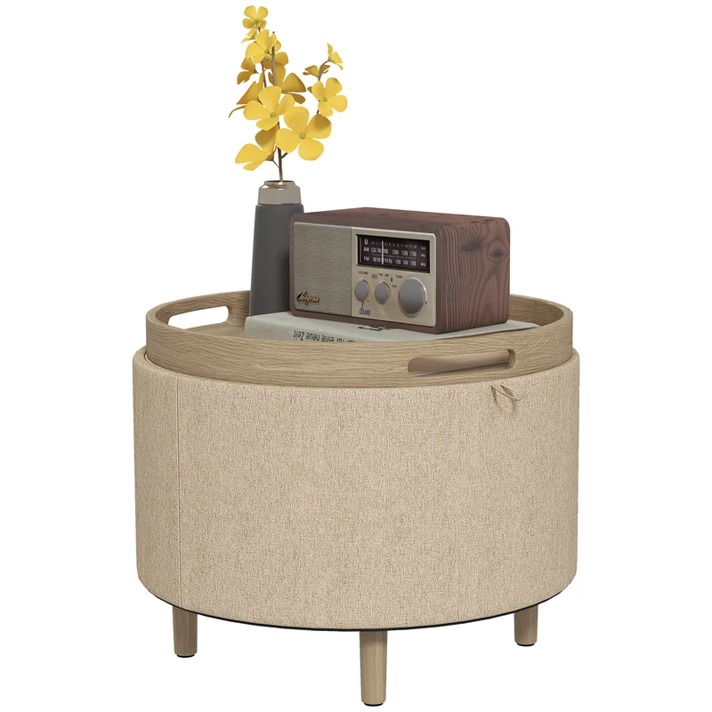 Pouf coffre rond 56 x 56 x 42 cm assise et rangement idéal pour salon contemporain scandinave en tissu polyester beige 21_0002923