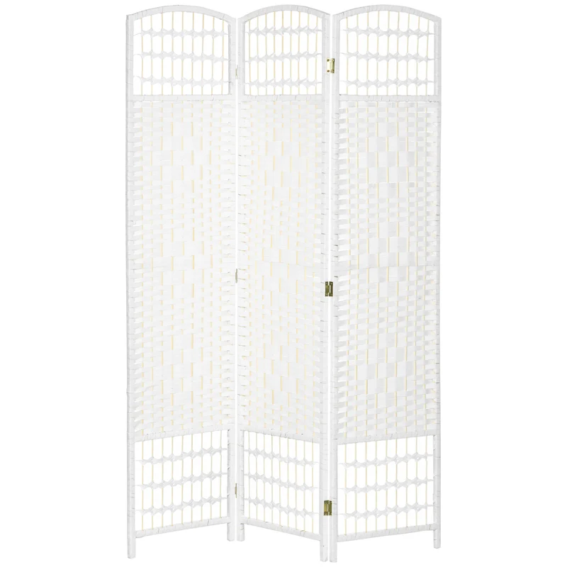 Paravent séparateur de pièce pliable 3 panneaux 120 x 170 cm intimité mobile contemporain tissé en bois massif blanc 21_0001275