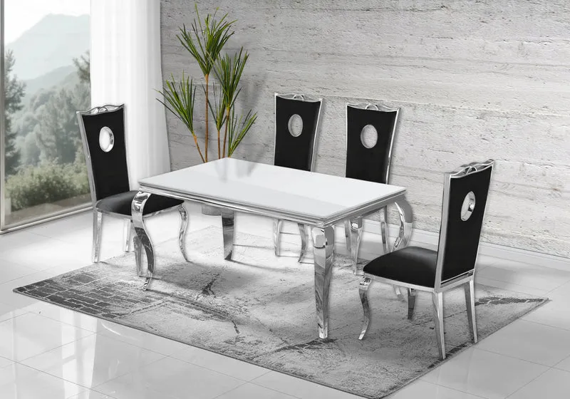 Ensemble table verre blanc et 4 chaises argent – Neo