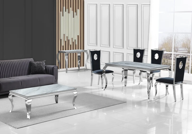 Salle à manger complète marbre gris argent – Neo