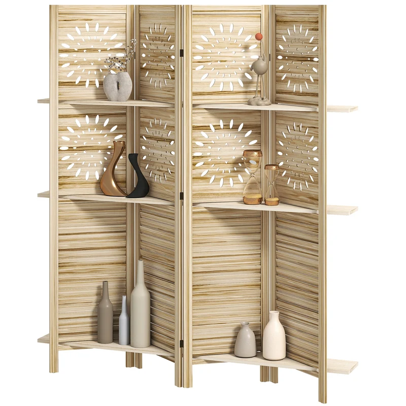 Paravent intérieur 4 panneaux ajouré 160 x 170 cm étagères intégrées intimité cosy rustique en bois de paulownia naturel 21_0003719