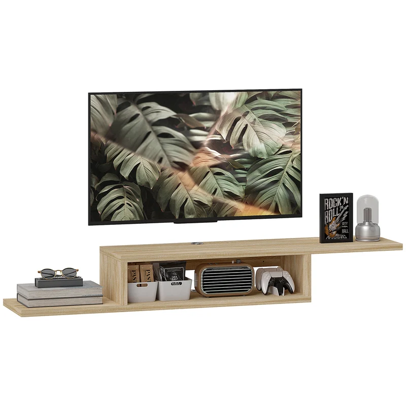 Meuble tv mural flottant 152,4 x 29,8 x 21 cm passe-fils gain de place moderne en panneau de particules chêne clair 21_0001829