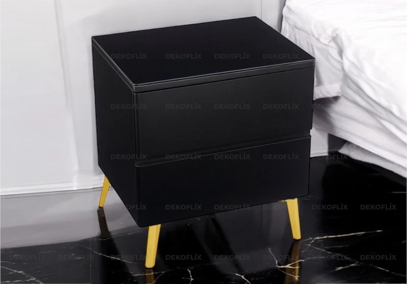 Table chevet bois mat noir pied doré - Leni