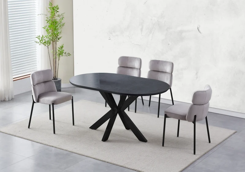 Table ovale pierre noir et 4 chaises noir – Nora