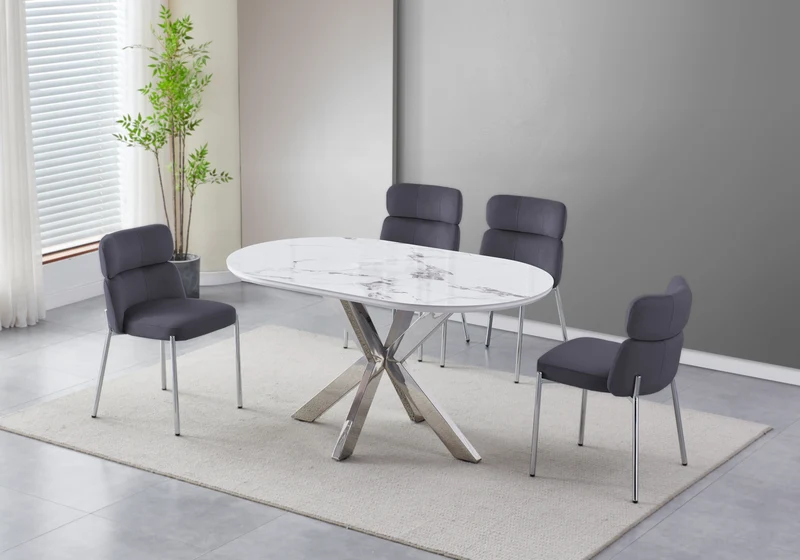 Table ovale marbre blanc et 4 chaises argent – Nora