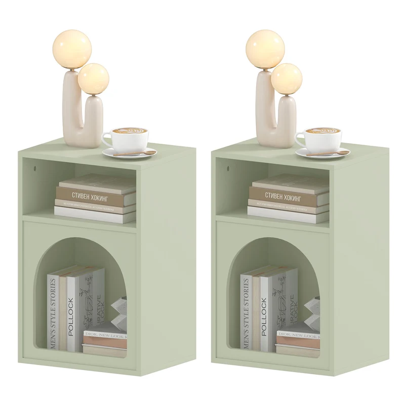 Lot de 2 tables de chevet design arqué 40 x 30 x 60 cm rangement optimisé compact style scandinave en MDF vert clair 21_0003736