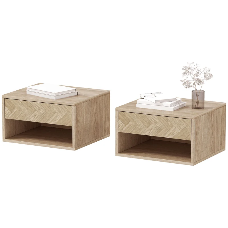 Lot de 2 tables de chevet 37 x 32 x 21 cm suspendues tiroir et étagère moderne en panneau de particules bois naturel 21_0001553