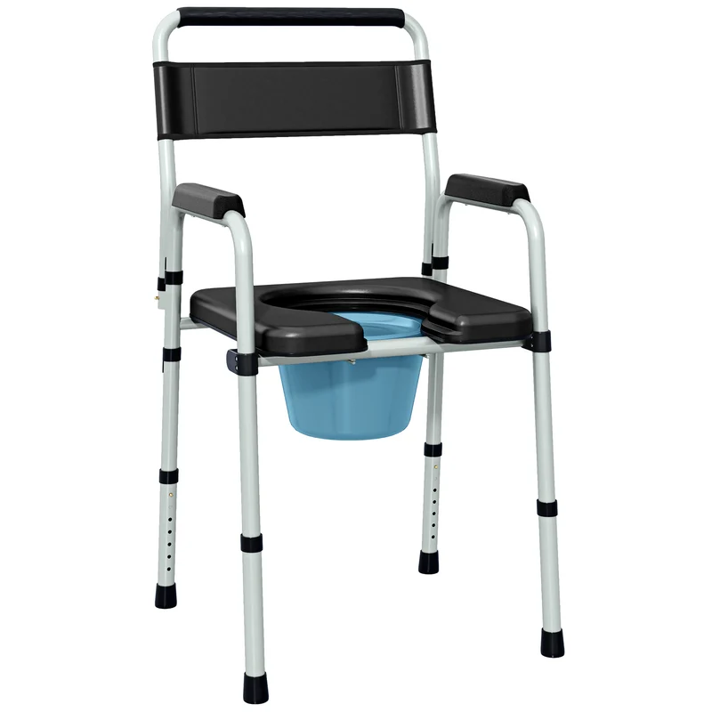 Chaise percée pliable pour toilette et bain 52,5 x 46 x 97 cm hauteur réglable antidérapante épuré moderne en acier noir 21_0000914