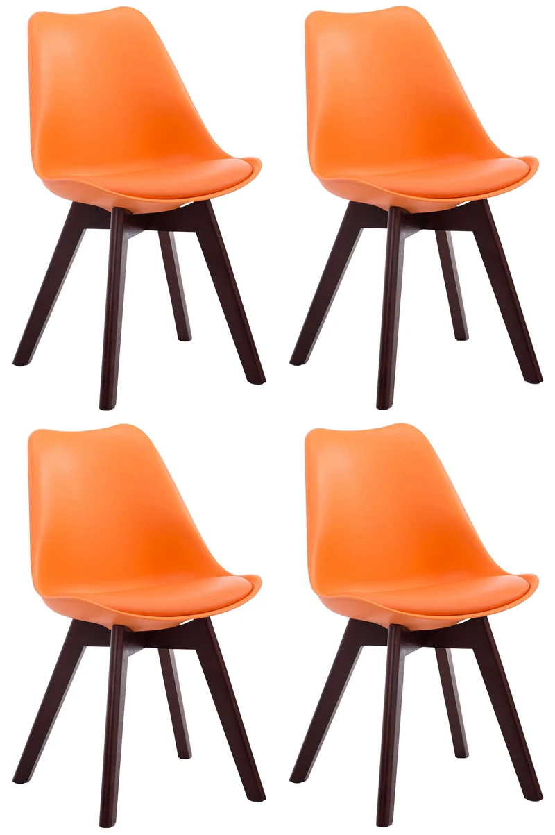 Lot de 4 chaises de salle à manger design scandinave en plastique et PVC orange et piètement à 4 pieds en bois foncé 10_0008797