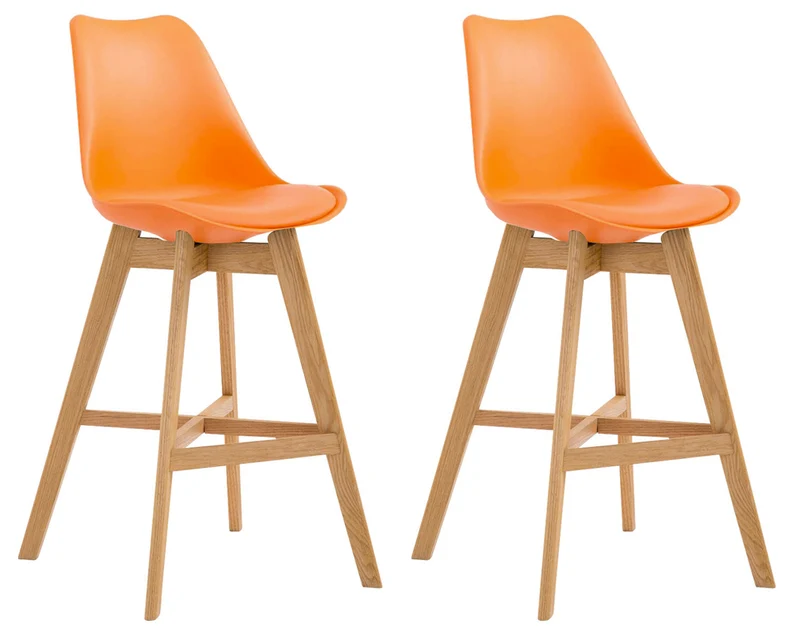 Lot de 2 tabourets de bar scandinaves coque plastique et PVC orange et pieds en bois massif 10_0006402