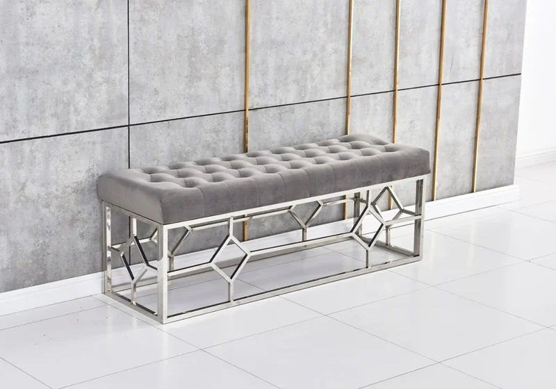 Banc design argenté velours gris - Abel
