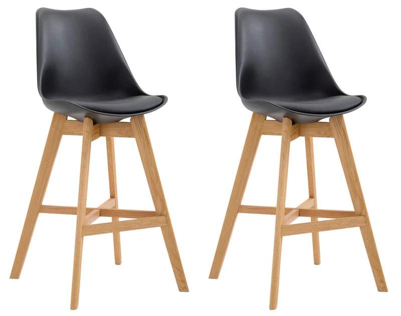 Lot de 2 tabourets de bar scandinaves coque plastique et PVC noire et pieds en bois massif 10_0006030