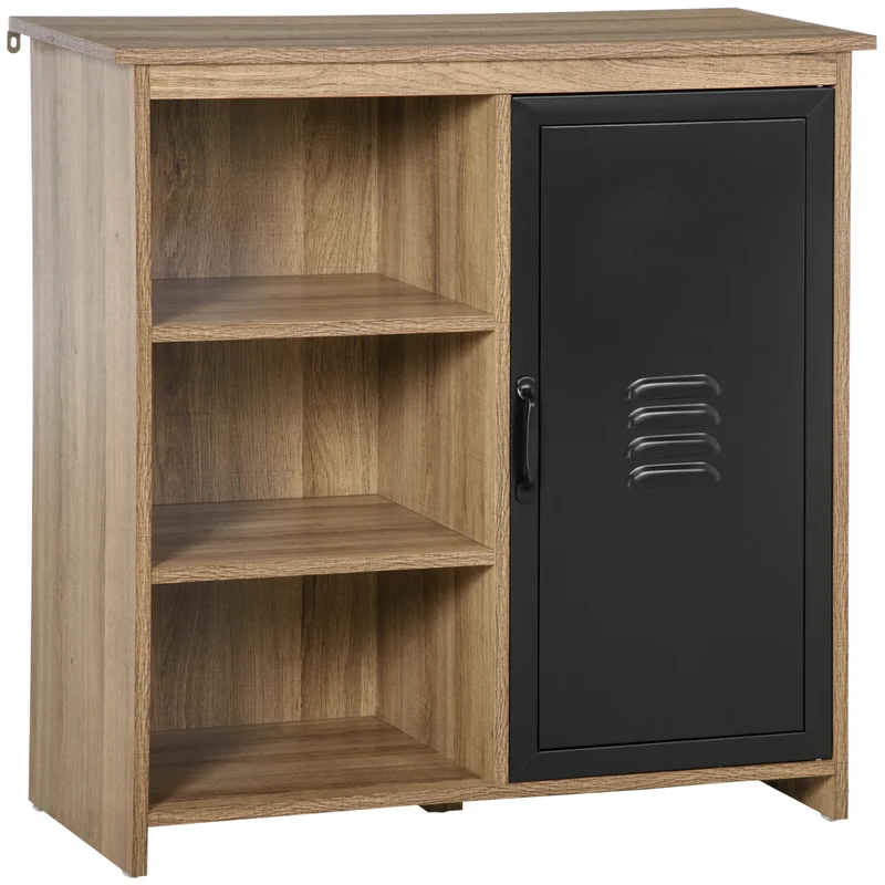 Buffet industriel sur pied 80 x 35 x 82 cm 3 niches utiles et placard style contemporain en panneaux de particules brun 21_0002629