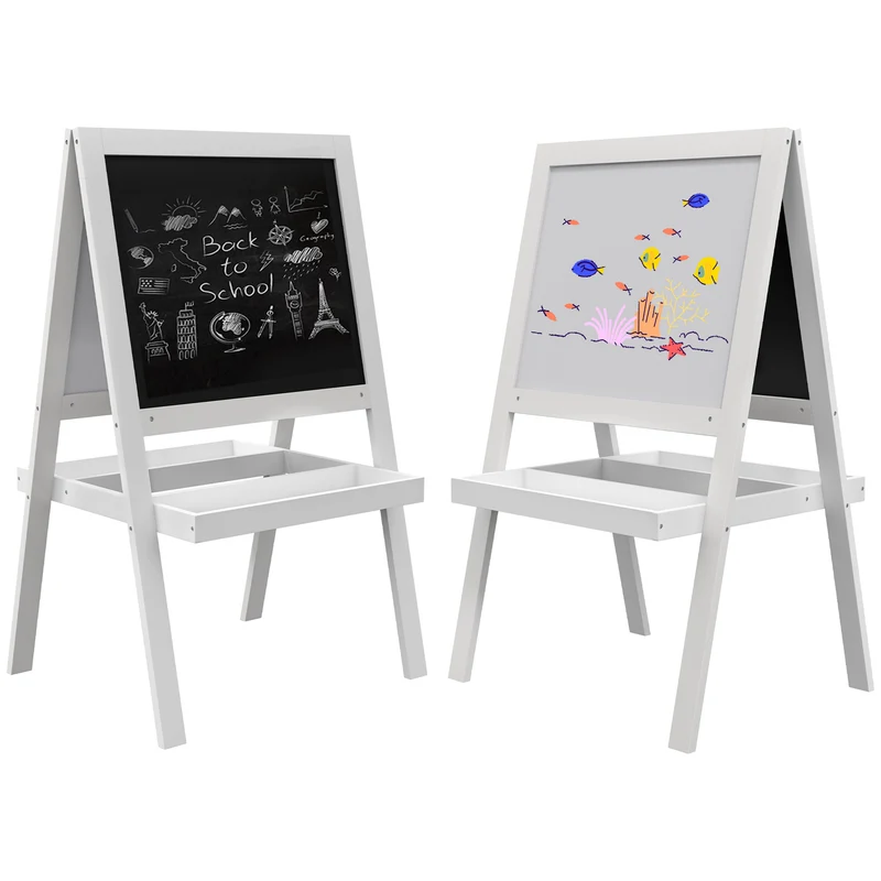 Tableau chevalet enfant 2 en 1 ardoise magnétique double face 54 x 48 x 88 cm rangement éducatif scandinave en MDF blanc 21_0000701