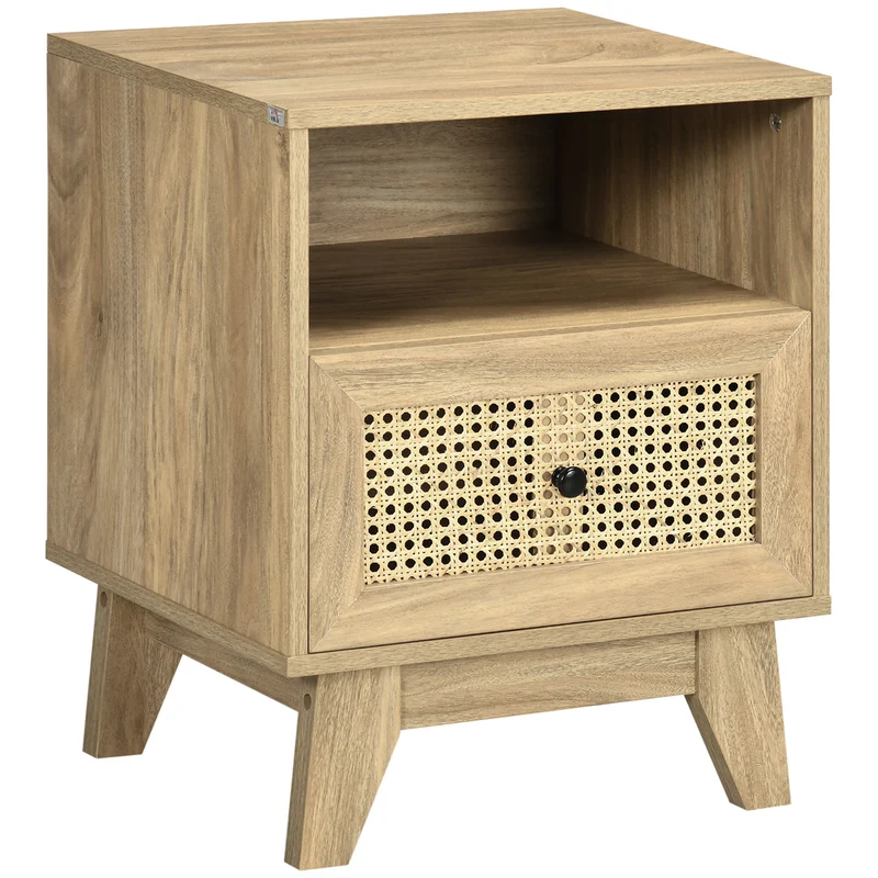 Table de chevet compacte 45 x 39 x 56,5 cm rangement tiroir et niche épuré style vintage pieds fins cosy en MDF naturel 21_0001533