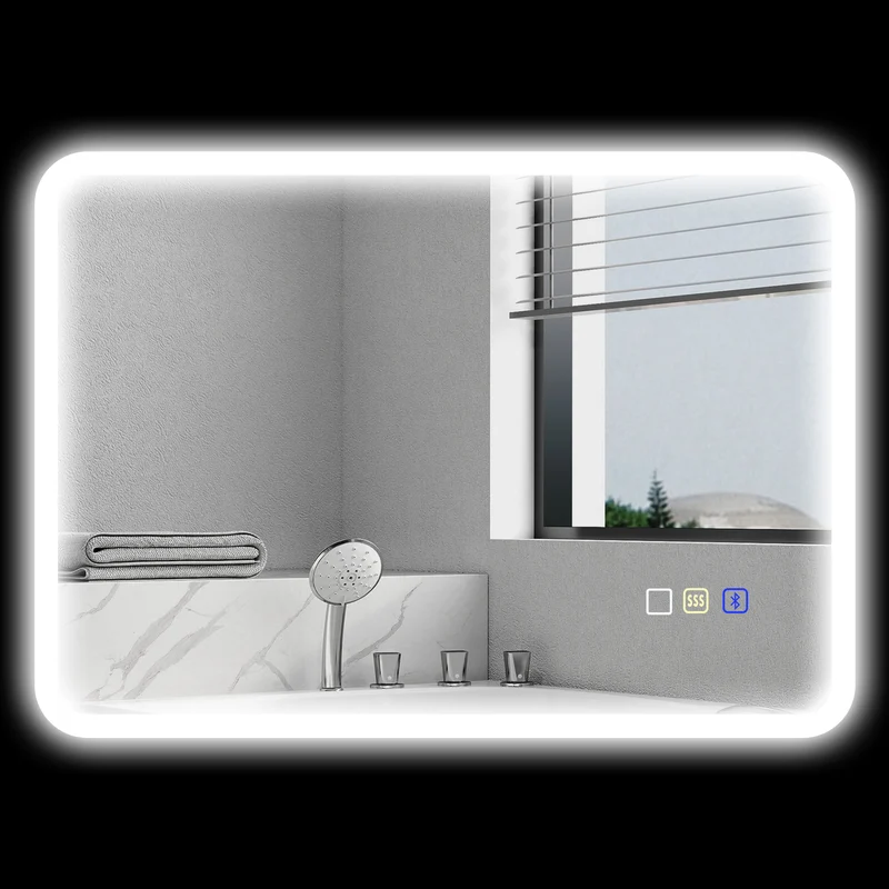 Miroir salle de bain mural lumineux 70 x 50 x 3,5 cm anti-buée haut-parleur ip44 design moderne en verre trempé argenté 21_0002090
