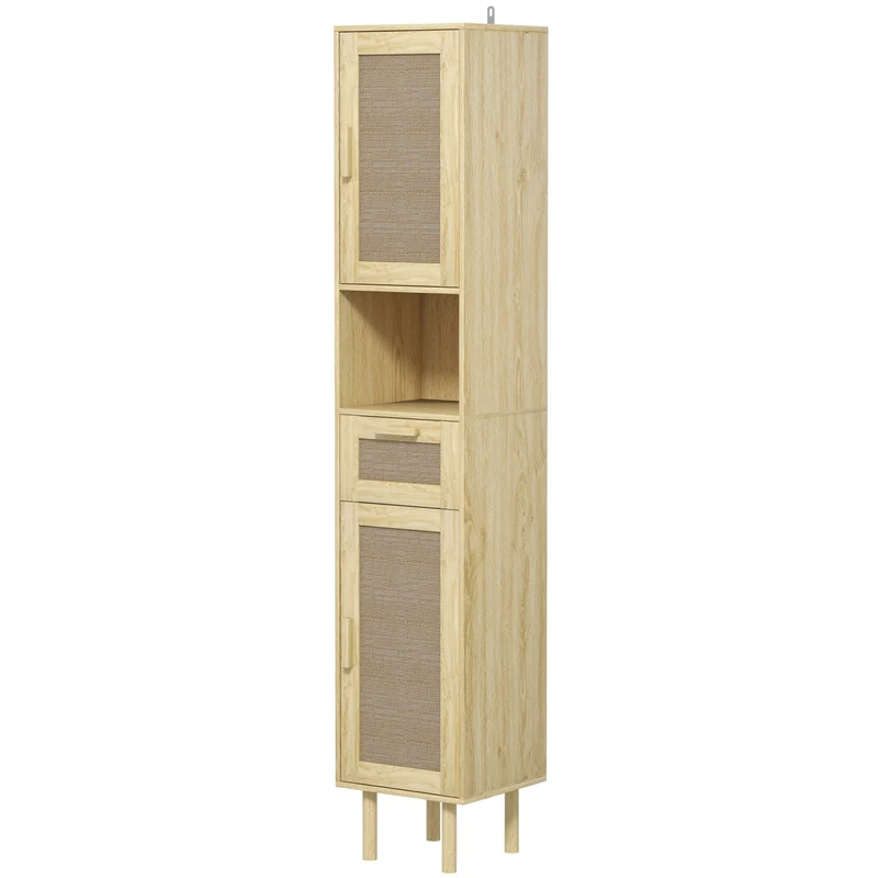 Meuble colonne salle de bain 32 x 30 x 170 cm rangement aéré tiroir sécurisé style bohème en bois d'ingénierie chêne 21_0002039