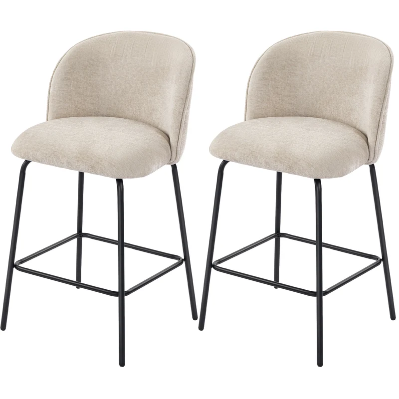 Lot de 2 tabourets de bar dossier incurvé 50 x 55 x 93 cm assise rembourrée haute densité scandinave en chenille beige 21_0003345
