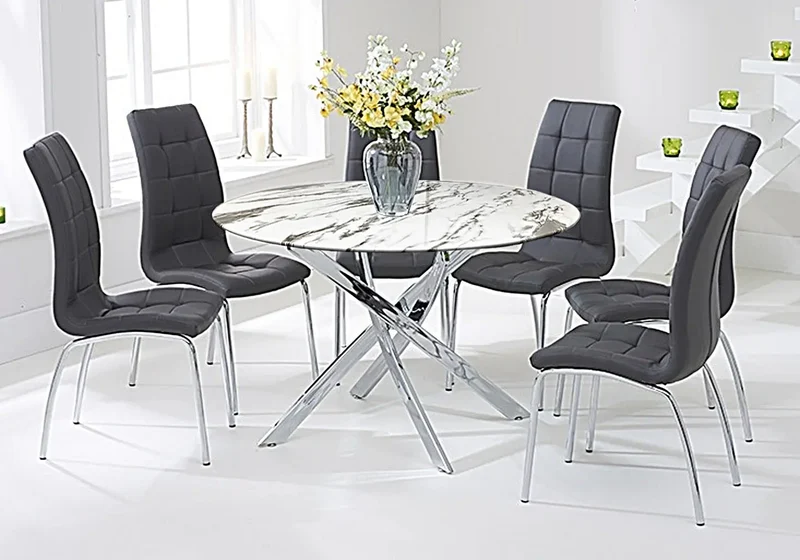 Table marbre blanc 6 chaises grises - Design