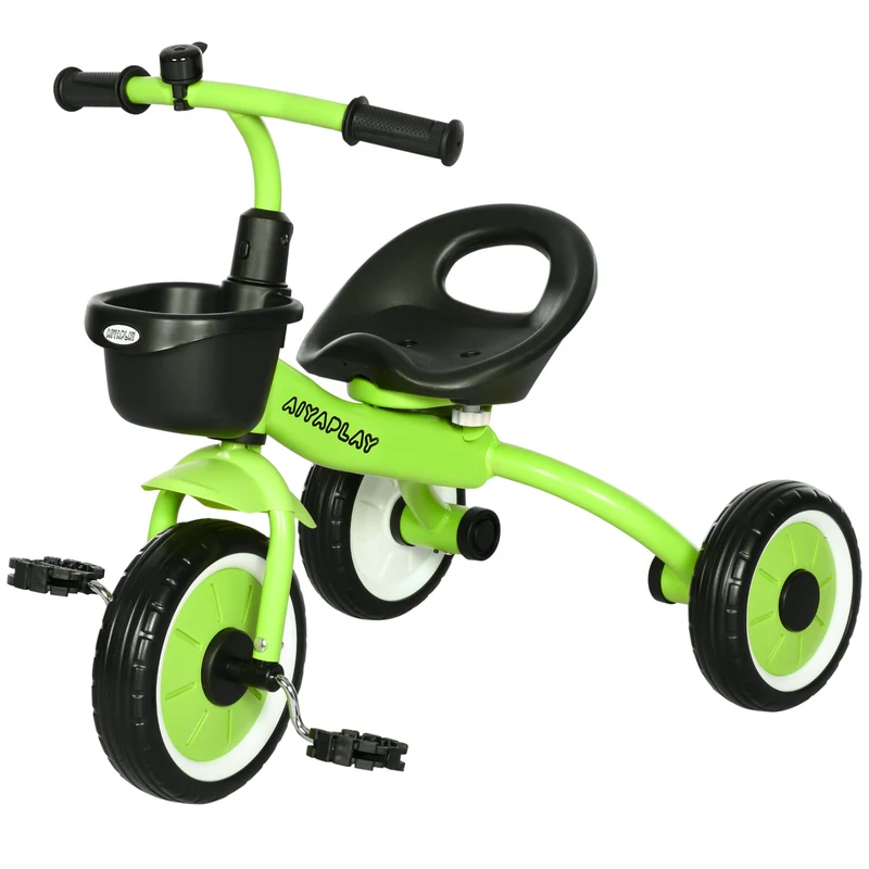 Tricycle enfant 70.5 x 53 x 58 cm siège réglable dossier sonnette panier stable scandinave pour 2 à 5 ans en métal vert 21_0000533