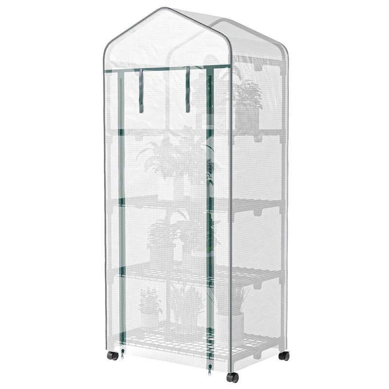 Serre de jardin 4 niveaux 69 x 50 x 165 cm protège plantes porte déroulante roulettes moderne épuré en plastique blanc 21_0004100
