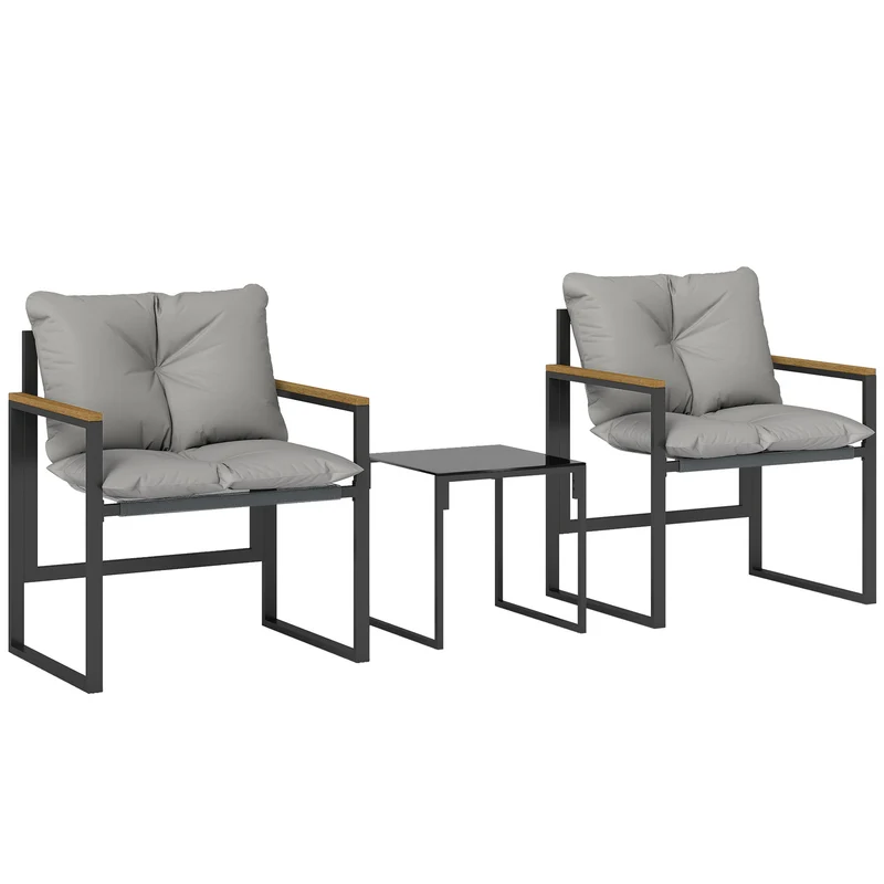 Salon de jardin 3 pièces 2 places 64 x 62 x 68 cm assise respirante coussins moelleux moderne scandinave en métal gris 21_0005398