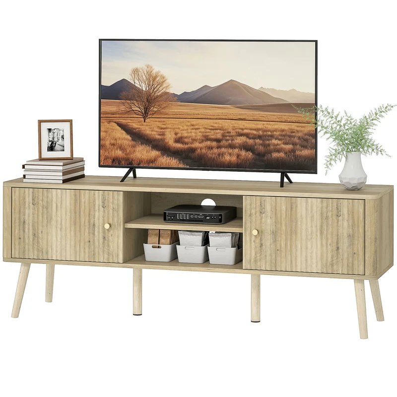 Meuble télé pour salon 140 x 35 x 49 cm rangement dissimulé et étagères réglables contemporain tendance en MDF chêne 21_0003569